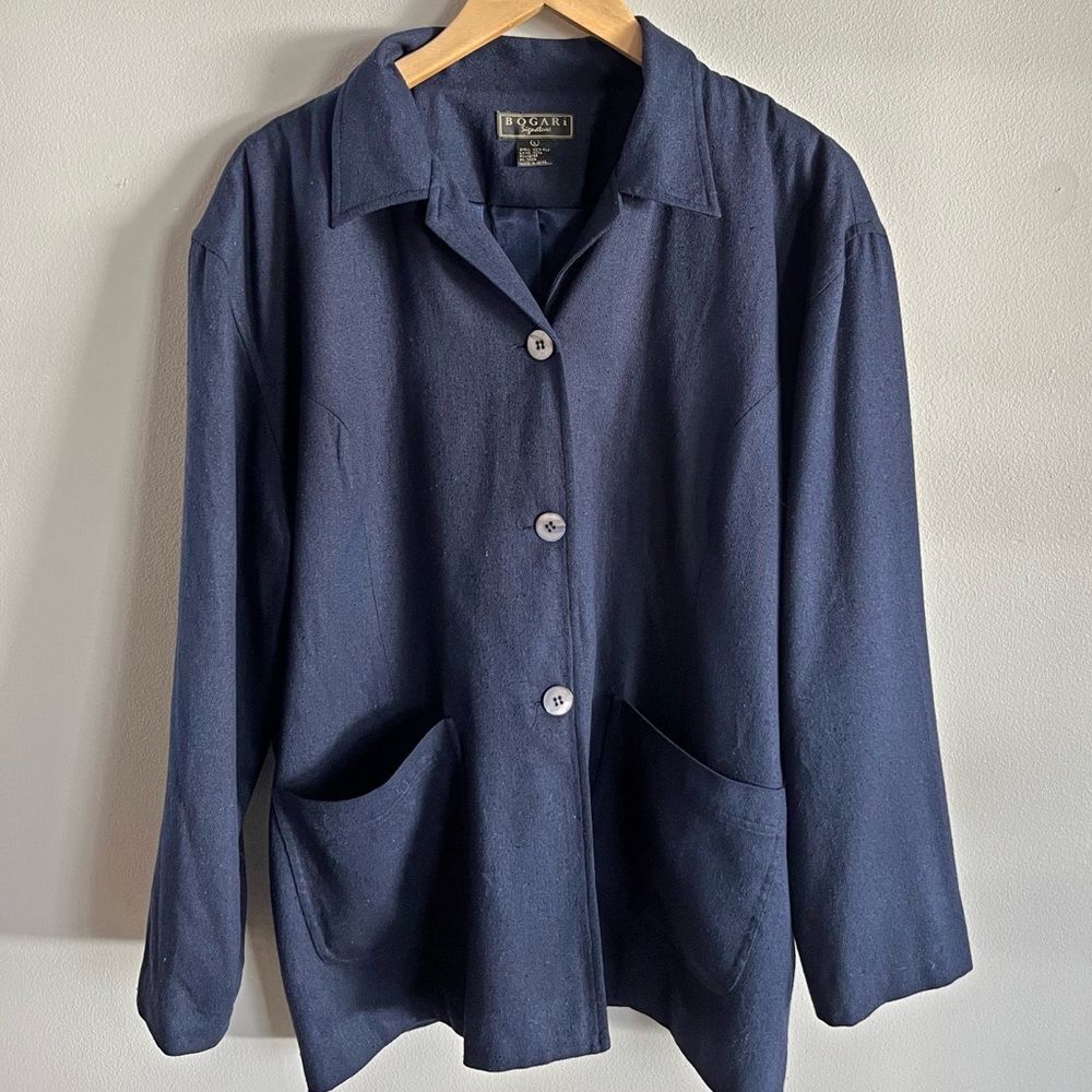 Vintage Bogari 100% Silk Navy Blazer Jacket Minimalist Career Office Large